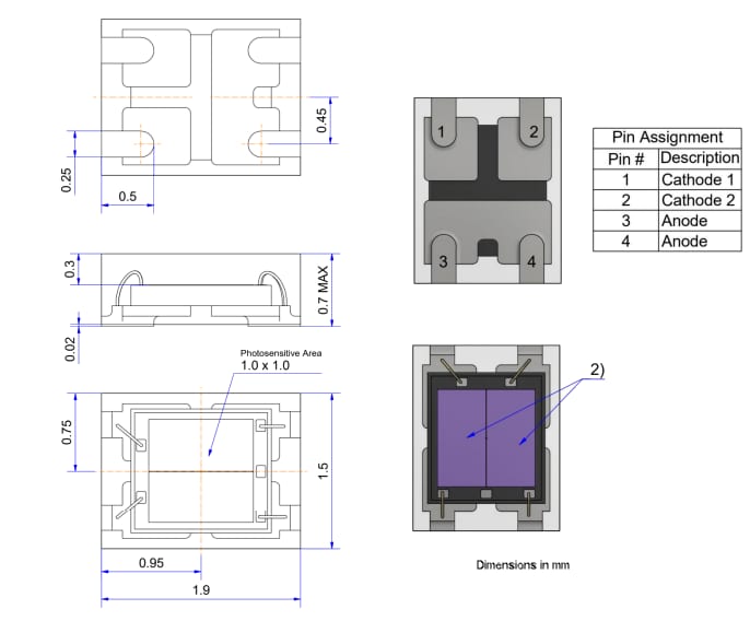 Technische Zeichnung - Broadcom AFBR-S4P11P012R Zweikanal-Photovervielfacher